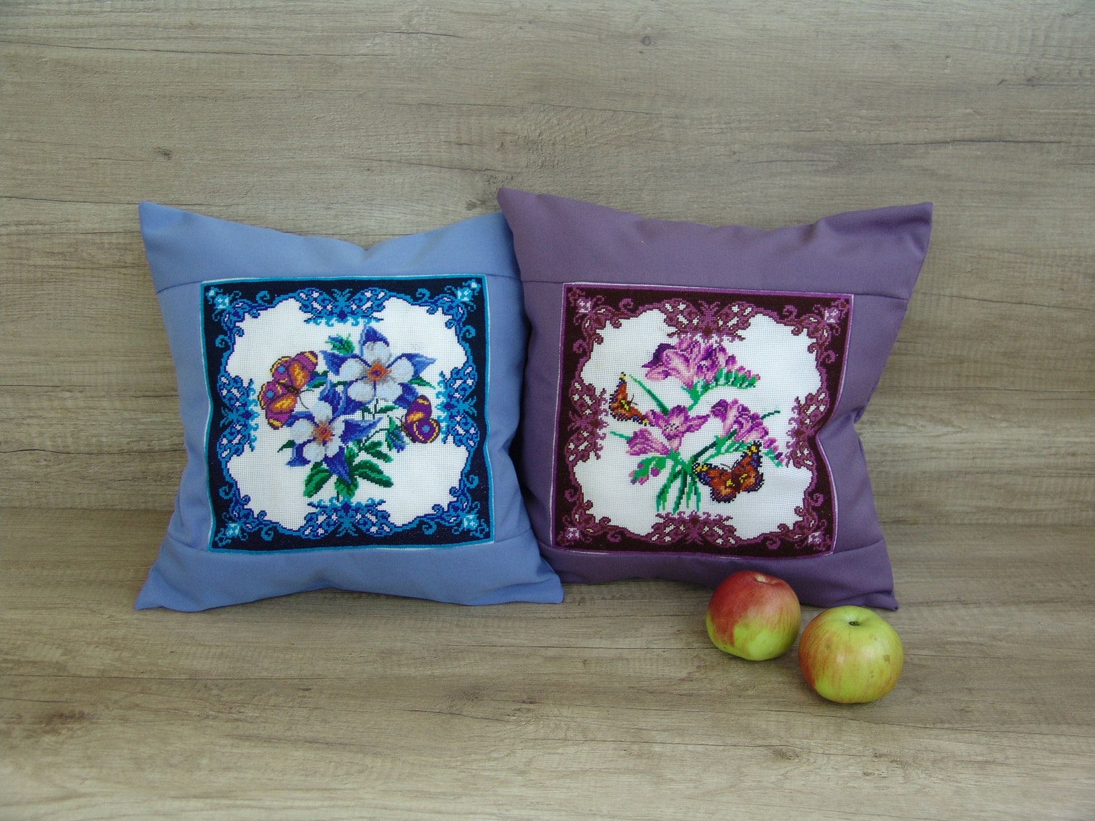 Floral Needlepoint Throw PILLOW COVERS SET Purple Embroidery Etsy
