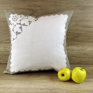 Handmade Linen Pillow Cover: White Cotton Embroidery, Modern Farmhouse Decor