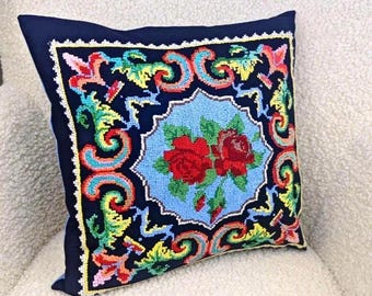 Vintage Rose Embroidered Pillow Cover, Folk Art Decor Gift for Home