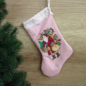 Handmade Pink Christmas Stocking: Embroidered Santa Holiday Decor