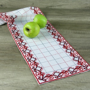 Embroidered red table runner, Needlepoint dresser scarf - Ukrainian gifts idea, Ukrainian embroidery holiday table runner & table linens