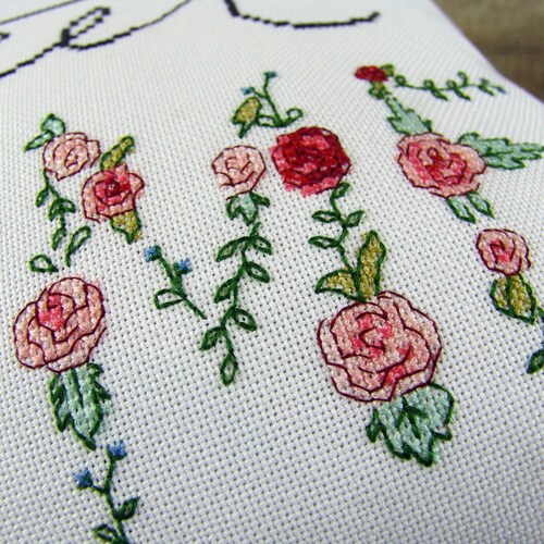 Floral embroidery shops Home Sweet Home CUSHION COVER, Flower cross stitch pillow cover, Needlepoint throw pink pillowcase floral, New home gift