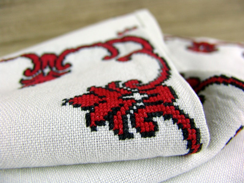 Red hand embroidered table runner Table topper rustic home decor Needlepoint dresser scarves Ukrainian ethnic decor table centerpiece