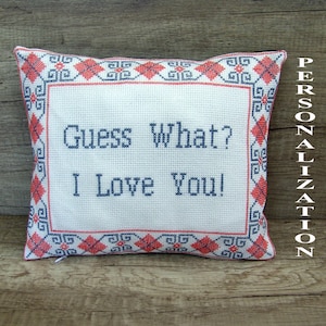 Custom Cross Stitch Pillow Cover: Coral Gray Embroidered Cushion