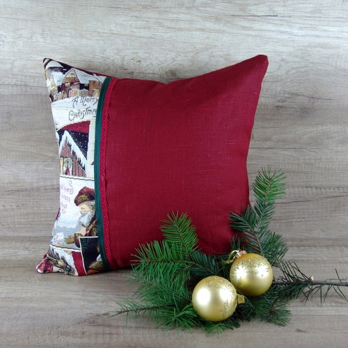 Christmas decor tapestry PILLOW COVERS set of 4, Green red linen decorative cushion cover, shops Xmas hame decor gobelin pillowcases 16 x 16 inch