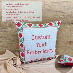 Infographic detailing the key benefits of the square red black personalized decorative pillow cover, such as artisan-crafted, personalized design, and heirloom quality.