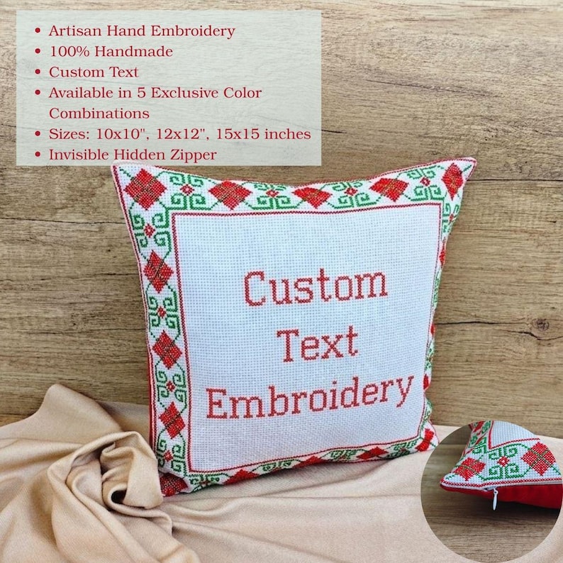Infographic detailing the key benefits of the square red black personalized decorative pillow cover, such as artisan-crafted, personalized design, and heirloom quality.