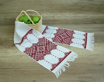 Hand Embroidered Ukrainian Rushnyk, Red Cross Stitch, Wedding Decor