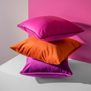 Set of 3 modern fuchsia and orange velvet cushions image 1