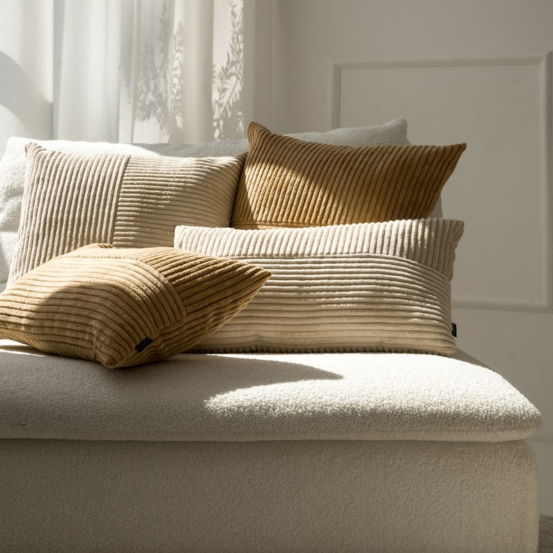 Cuscino in velluto a coste color crema, cuscino a righe beige chiaro immagine 6