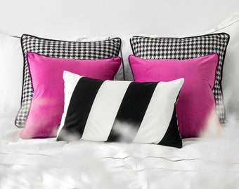 Set of 5 modern fuchsia and black and white velvet cushions