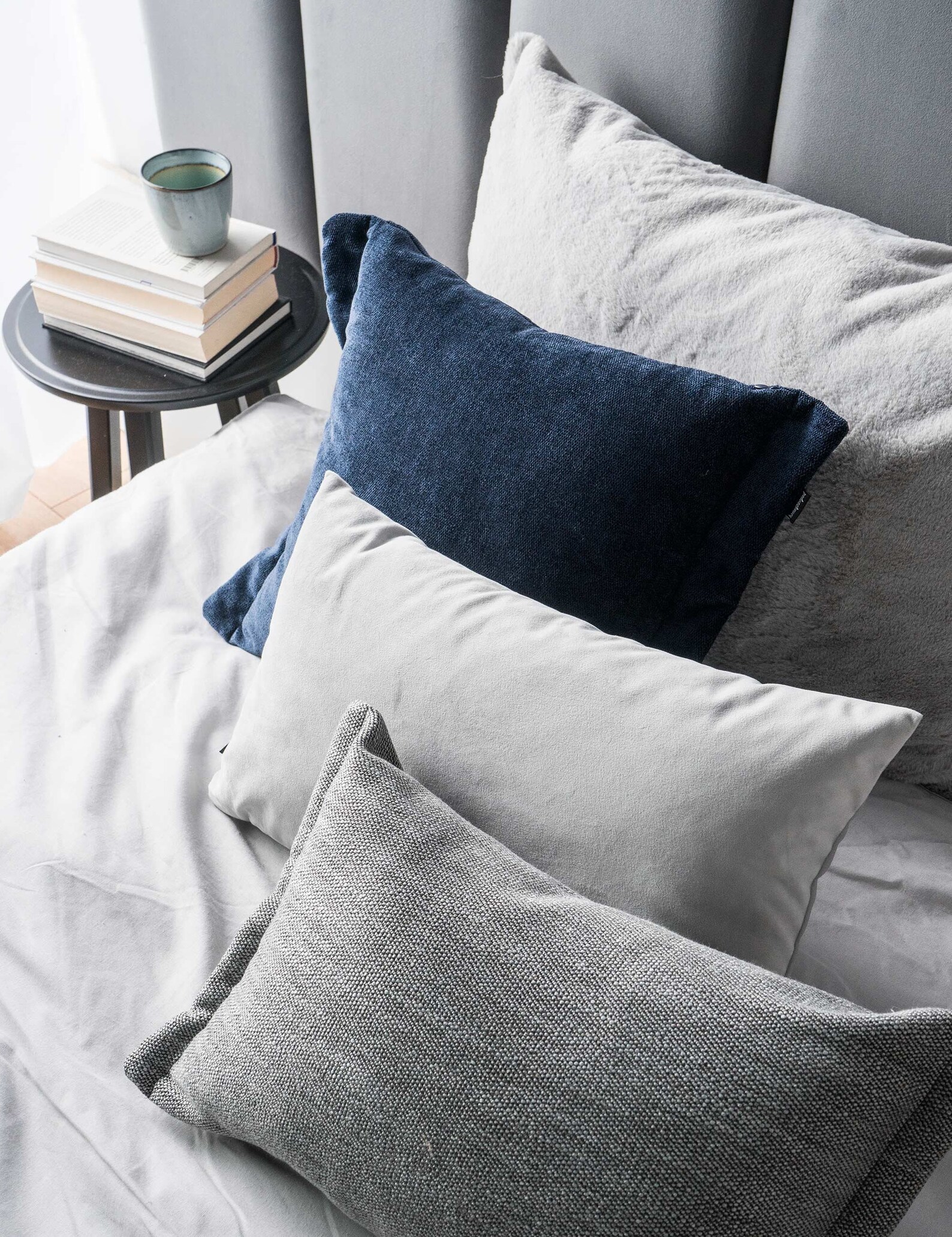 Navy Blue & Grey Set of 3 Cushions, Modern Decorative Pillows, Grey