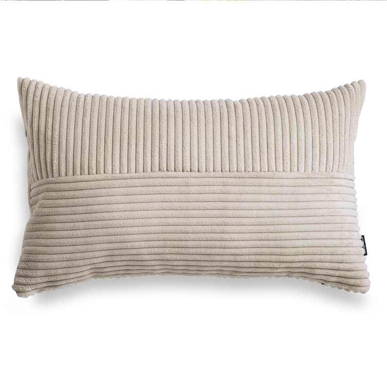 Coussin en velours côtelé crème, oreiller rayé beige clair image 3