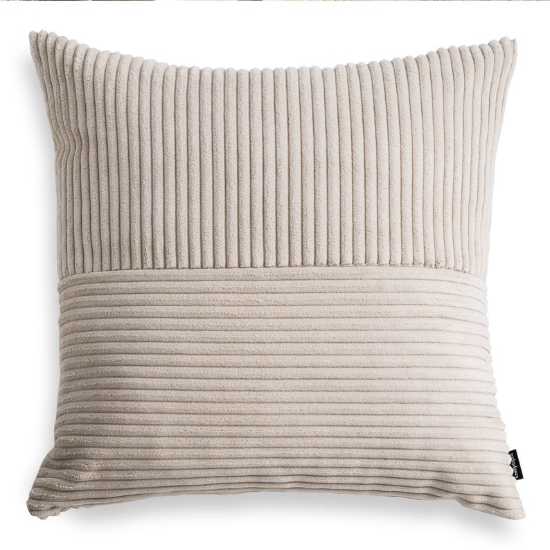 Cuscino in velluto a coste color crema, cuscino a righe beige chiaro immagine 2