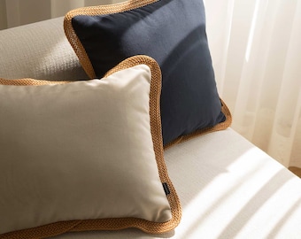 Navy velvet Cushion with decorative rust cord, Luxury dark blue Velvet Cushion with Artisan brown Cord Design