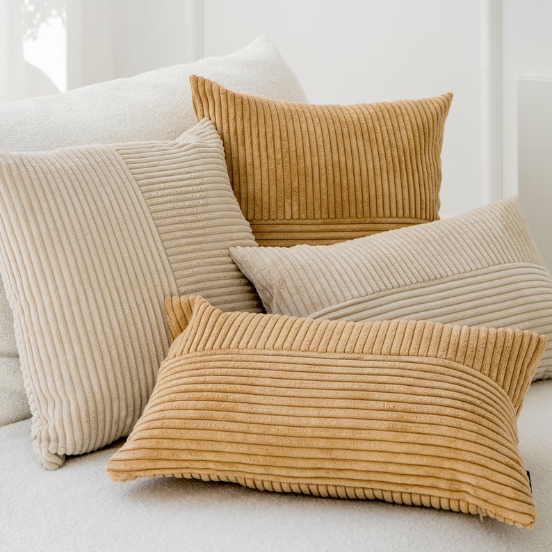 Cuscino in velluto a coste color crema, cuscino a righe beige chiaro immagine 5