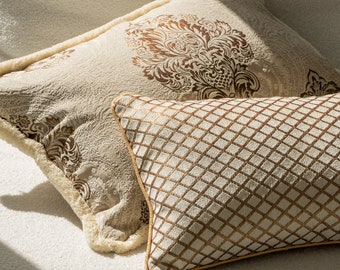 Luxurious Aurum Decorative Pillow, Glamour Style in Cream & Gold Accents, 50x30 cm