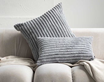 Light Grey Corduroy Sofa Cushion,  Silver Striped Pillow