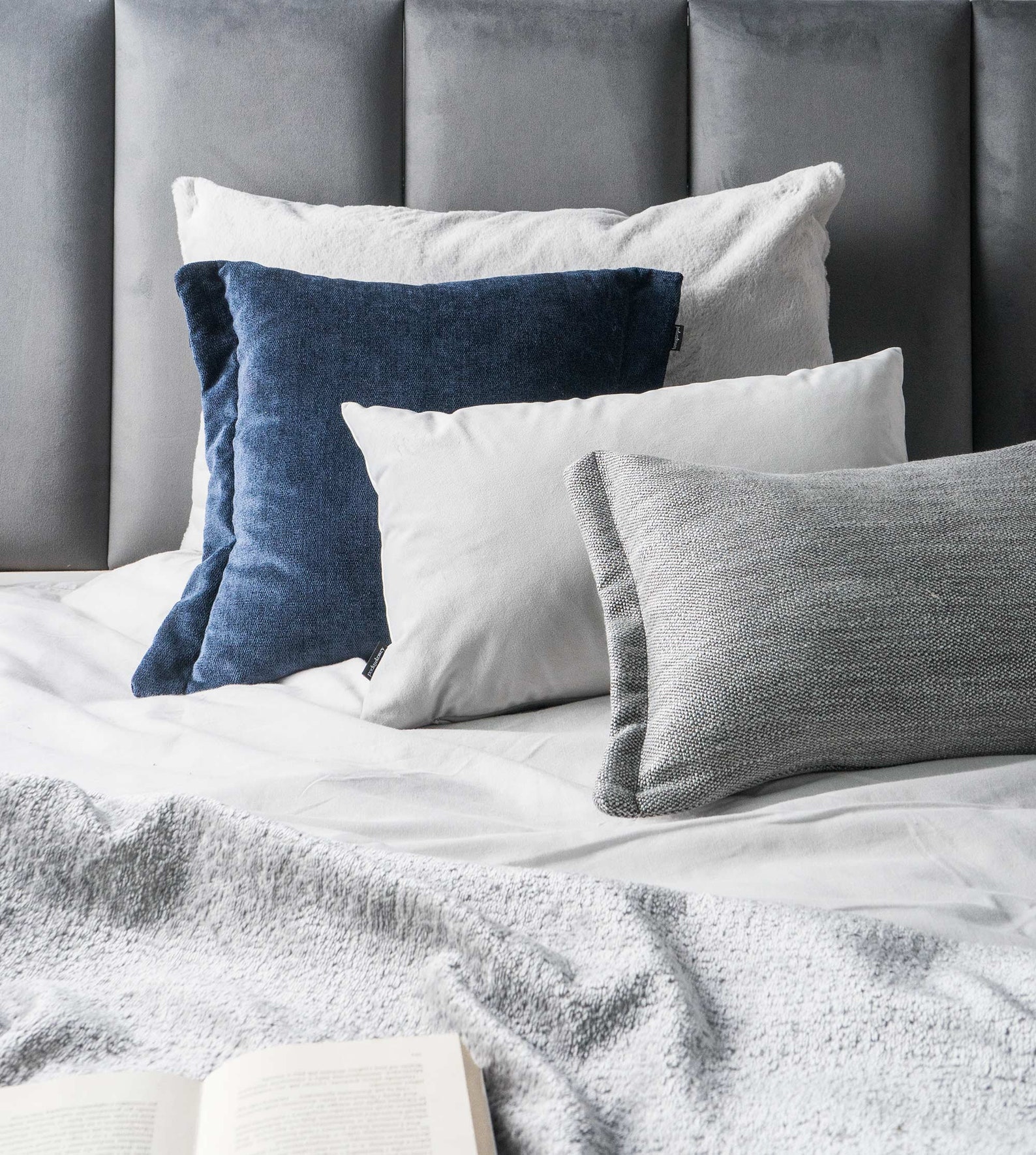 Navy Blue & Grey Set of 3 Cushions, Modern Decorative Pillows, Grey
