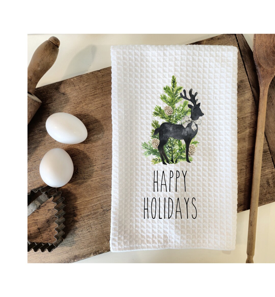 Happy Holidaysdeerdish Towelhand Towelchristmaskitchen Etsy