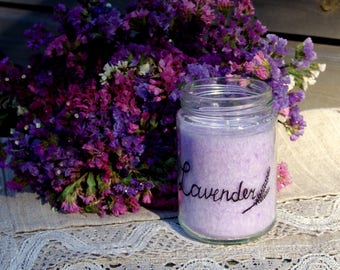 Jar candle. Painted flower jar candle. Upcycled jar. Lavender candle. Lavender. Handmade candle. Vegan candle. Purple candle. Organic candle