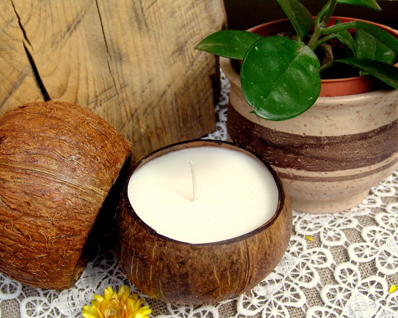 Big coconut shell candle. Soy wax candle. Tropical candle. Container candle. Handmade candle. Vegan candle. Organic candle. White candle. 画像 4