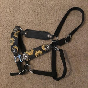 Pode incluir: Um cabresto preto com estampa de girassol e detalhes prateados. O cabresto tem um focinho de couro e uma corda de nylon.