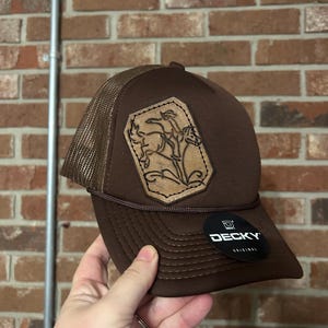 Handmade Leather Tooled Bucking Bronco Trucker Hat