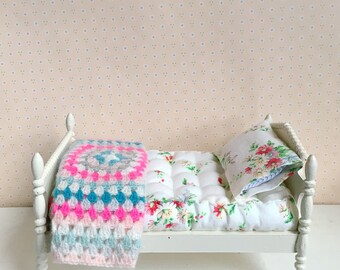 Size DOLLHOUSE • handmade crocheted vintage style granny square blanket for Tiny Handmade Dolls