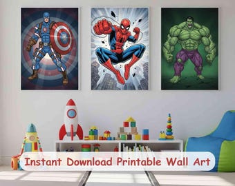 Superhero Kids Room Posters | Comic Style Wall Art (Digital Download)