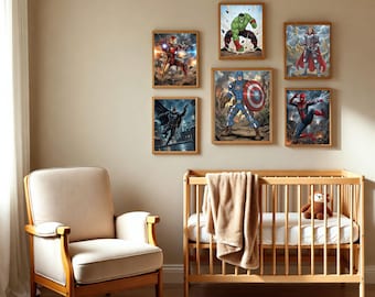 Superhero Wall Art Prints, Boys Room Decor, 6 Superheroes Posters - Digital Download