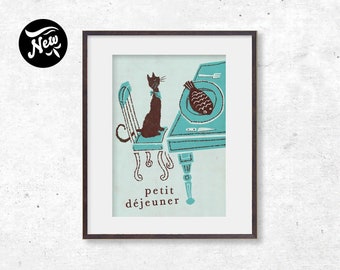 Petit-déjeuner, Breakfast Cat, Kitchen Print, Cat print, Cat lover print, Black Cat