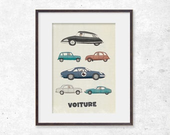 French Cars Print, Car Illustration, Classic Cars Artwork, Retro, Citroen, Renault