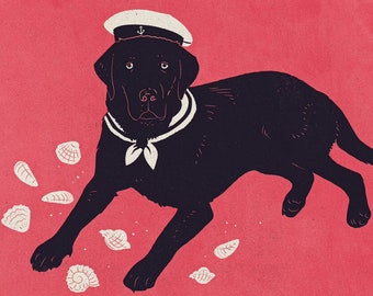 Kaptain Black. Dog Illustrated Print, Black Labrador Print, Nautical Art, Sea dog