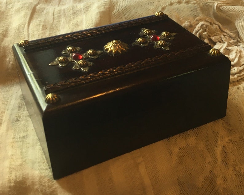 South East Asia China 70s 80s brass ornaments and glass cabochons box Jewelry box Rosewood