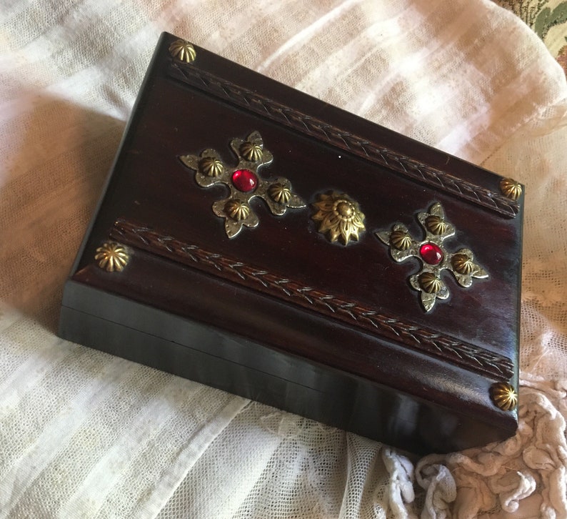 South East Asia China 70s  80s brass ornaments and glass cabochons box Jewelry box Rosewood