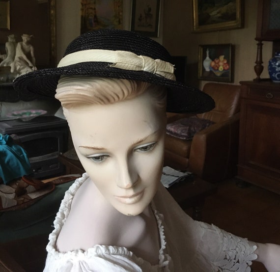 Black straw hat, cream ribbon, 1930s