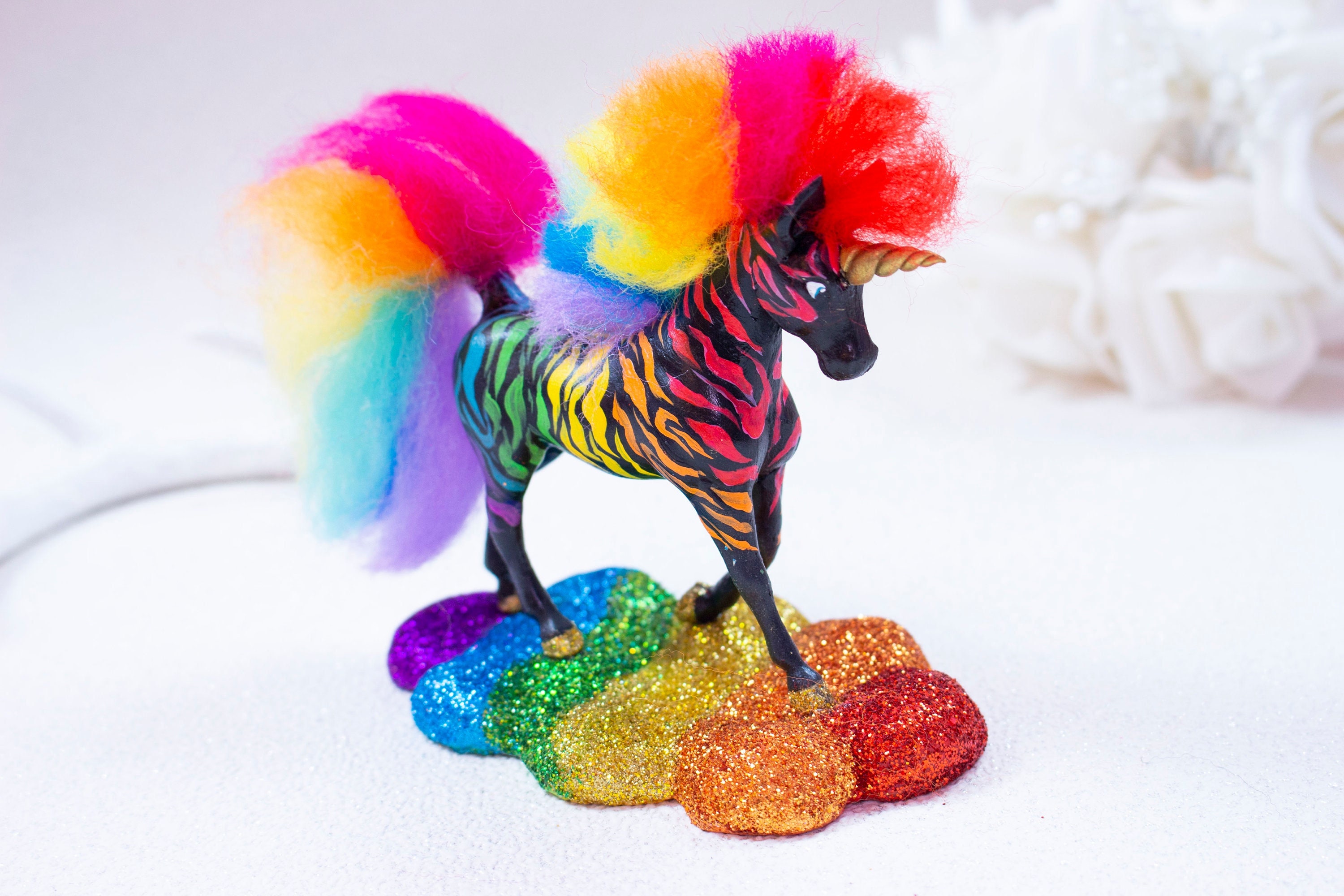 Rainbow Zebra Unicorn Figurine – Hand-painted Resin Fantasy Decor