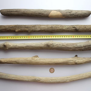 May include: Five pieces of driftwood of varying lengths and shapes, arranged horizontally on a white surface. A yellow measuring tape is visible at the top of the image, with the numbers 1 through 50 visible.