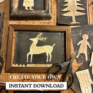 May include: A collection of framed paper cutouts and loose paper shapes on a wooden surface. The framed cutouts include a Santa Claus figure, a deer, and a Christmas tree. The text "CREATE YOUR OWN INSTANT DOWNLOAD PRINTABLES SET" is visible.
