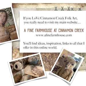 K&ouml;nnte beinhalten: Eine Collage aus Bildern mit handgefertigten Folk Art-Puppen und Kunsthandwerk. Der Text lautet: "Wenn Sie Cinnamon Creek Folk Art lieben, m&uuml;ssen Sie unbedingt meine Hauptwebsite besuchen... A FINE FARMHOUSE AT CINNAMON CREEK www.afinefarmhouse.com Hier finden Sie Ideen, Inspiration und Links zu allem, was ich in dieser Online-Welt anbiete."