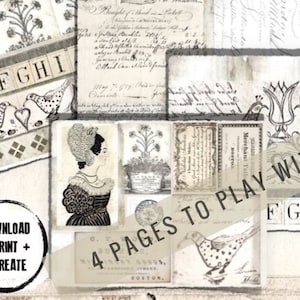 May include: A collage of vintage ephemera with a neutral color palette. The design includes handwritten script, illustrations of birds, a woman, and floral elements. Text includes "4 PAGES TO PLAY WITH!" and "DOWNLOAD + PRINT + CREATE".