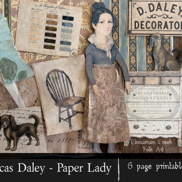 Dorcas Daley - Paper Lady with her dog "Pip" and other proper accessories