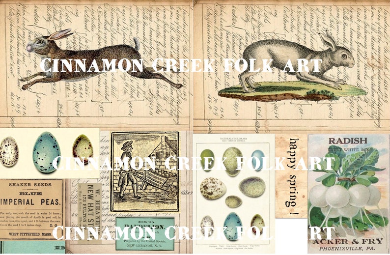 May include: A collage of vintage illustrations featuring a brown rabbit, a white rabbit, a bird's nest with eggs, a man with a wheelbarrow, a radish plant, and the text "happy spring!" and "CINNAMON CREEK FOLK ART".