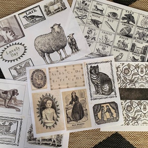 May include: A collection of vintage black and white illustrations printed on paper. The illustrations include a cat, a sheep, a bird, a dog, a cat, a woman, a bird, a cat, and a floral design. The illustrations are printed on white paper with a textured surface.