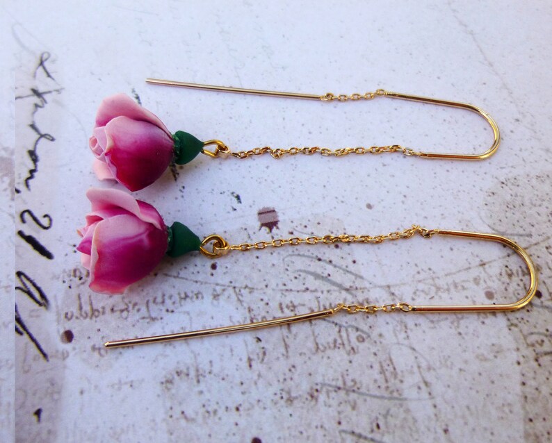 Flower earrings Threader earrings gold Chain earring Rose Etsy