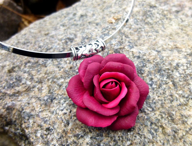 Burgundy necklace Rose necklace gift for women Boho Necklace Flower pendant Burgundy bridesmaid Clay necklace
