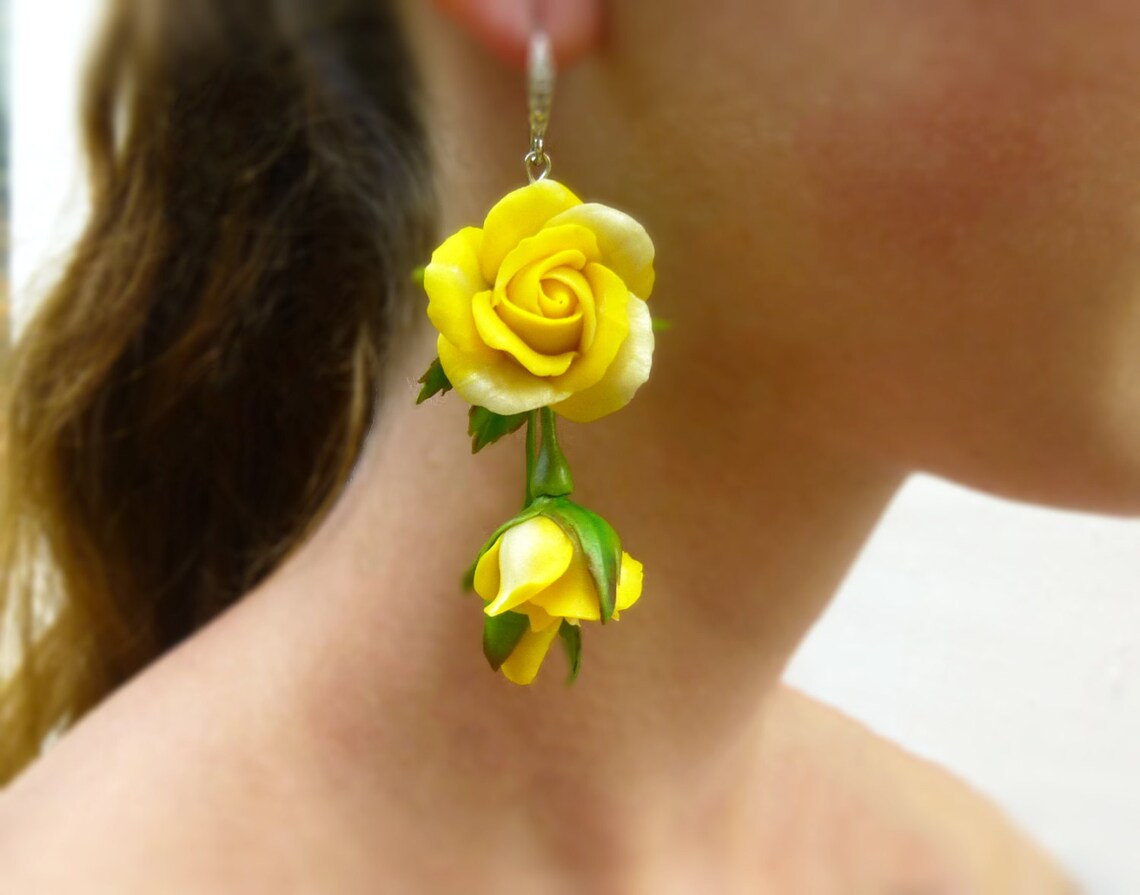 Yellow earrings Yellow flower earrings Floral earrings Long Etsy