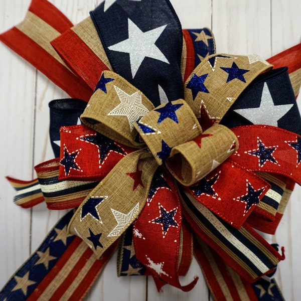 Patriotic Bow, Wreath Bow, Lantern Bow, Patriotic Swag Bow, Americana Bow, Rustic Bow, Mailbox Bow, Cemetary Bow, Rustic Bow, Swag Bow