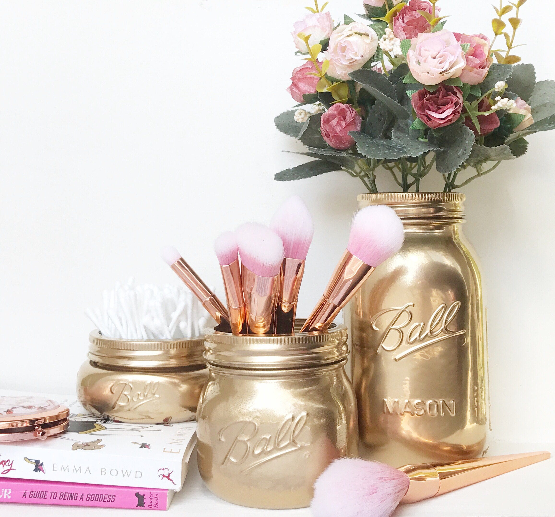 Gold Mason Jar makeup brush holder gold desk accessories Etsy